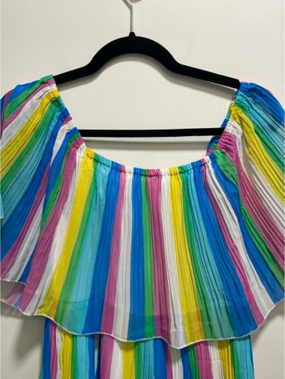 LIKE NEW Sz L Rainbow Stripe Off-Shoulder Tiered Ruffle Pleated Chiffon - Picture 2 of 7